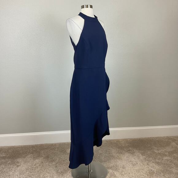 XSCAPE Backless Ruffled Halter Sheath Cocktail Dress Blue Size 14 High Low Midi - Picture 3 of 13